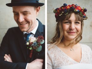 Zwei emotionale Porträtaufnahmen eines Brautpaars in Rostock: links der Bräutigam lächelnd mit Blumenanstecker und Hut, rechts die Braut mit farbenfrohem Blumenkranz und zarter Spitzenkleidung.