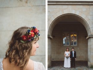 Zwei Hochzeitsfotos aus Rostock: links eine Nahaufnahme der Braut mit Blumenkranz im Haar, rechts das Brautpaar frontal vor einem historischen Steinbogen mit Fenster.